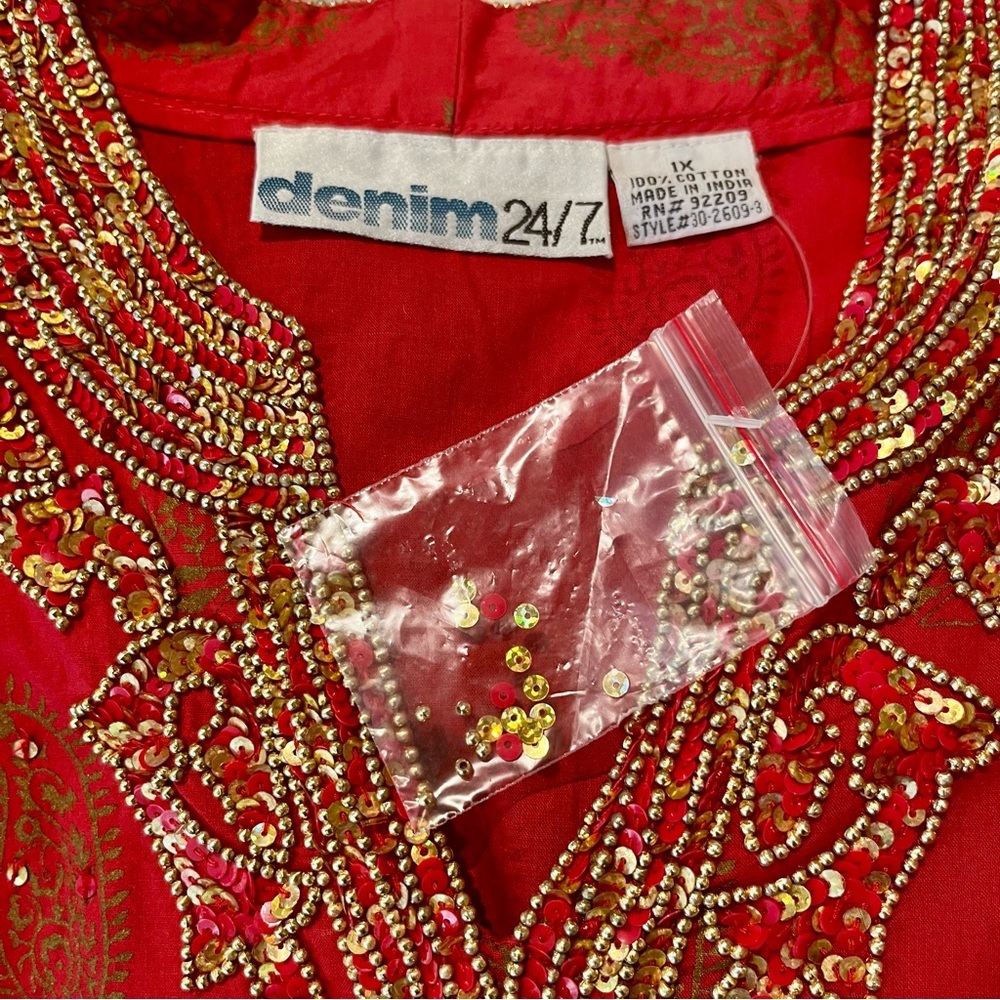 Denim 24/7 Red and Gold Ladies Embellished Long Sleeve Tunic - Picture 3 of 11